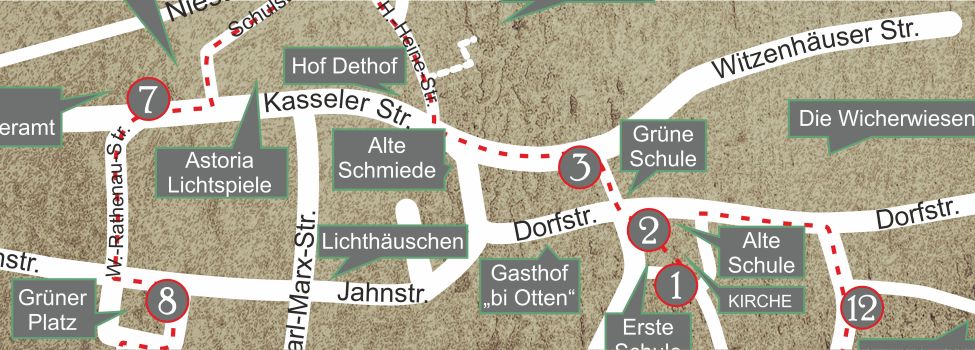 Karte mit der Tafel 3 an der Witzenhäuser Str. und der Weg zu Tafel 4 über die Heinrich-Heine-Str. Karte mit der Tafel 3 an der Witzenhäuser Str. und der Weg zu Tafel 4 über die Heinrich-Heine-Str.